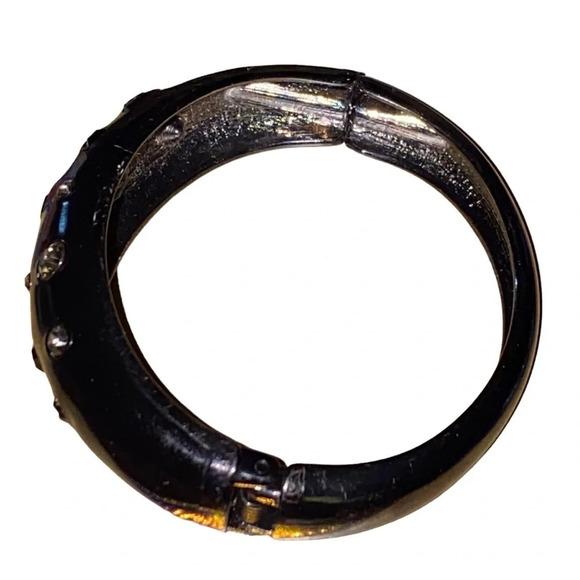 Vintage Black Enamel Rhinestone Clamp Clamper Bangle Bracelet Silver Tone - Picture 5 of 5